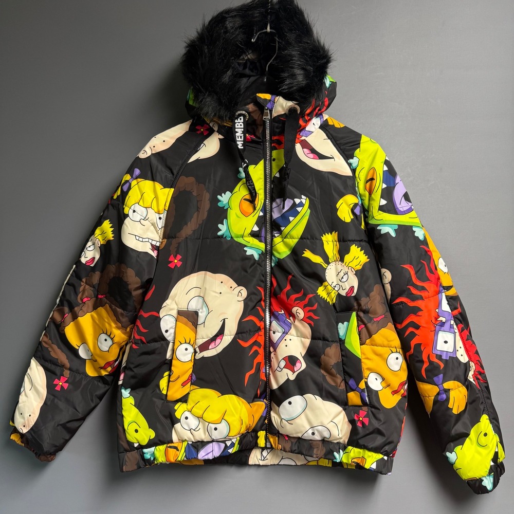 Members Only x Nickelodeon Rugrats Puffer Jacket Large Faux Fur Hood Reptar